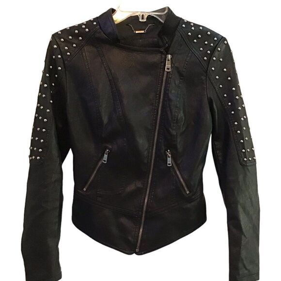 L A Coalition Jacket Black Faux Leather Studded Size XS - Picture 9 of 10